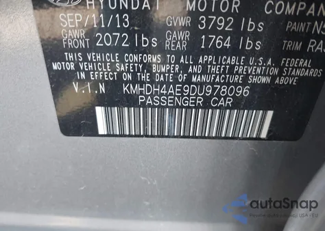 2013 Hyundai Elantra Limited from USA, damaged, VIN KMHDH4AE9DU978096